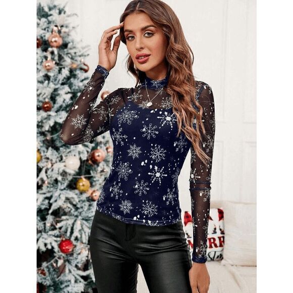 ❄️ Snowflake Print ️Long Sleeve Mock Neck Navy Blue Sheer Mesh Top SIZE L NEW - Picture 2 of 11